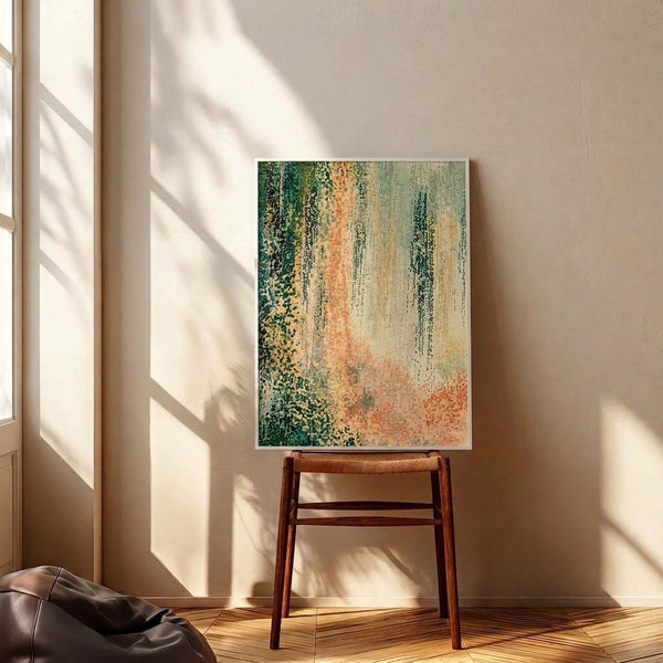 Japandi-inspired framed art print featuring soft sage tones, coral highlights, and cream background in a serene pointillist style.