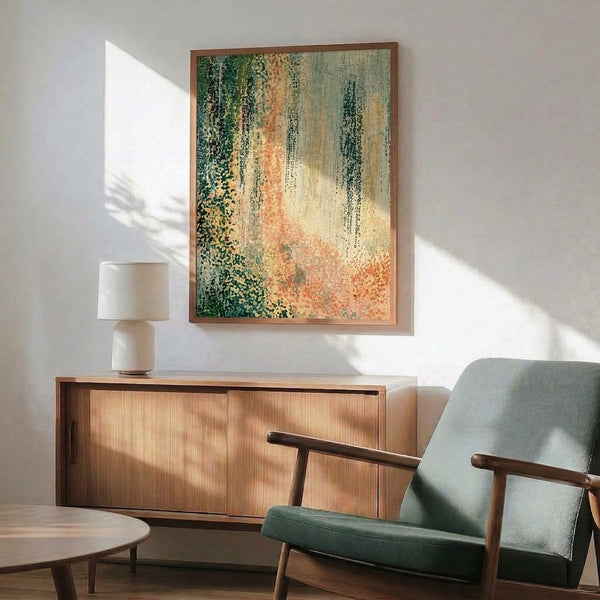 Modern zen wall art combining muted greens, warm coral, and gold elements in an organic abstract composition for peaceful interior spaces.