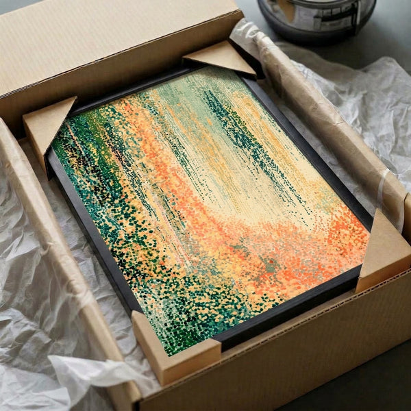 Minimalist poster with contemplative palette of sage, forest green, and coral creating fluid, nature-inspired forms in a calming aesthetic.