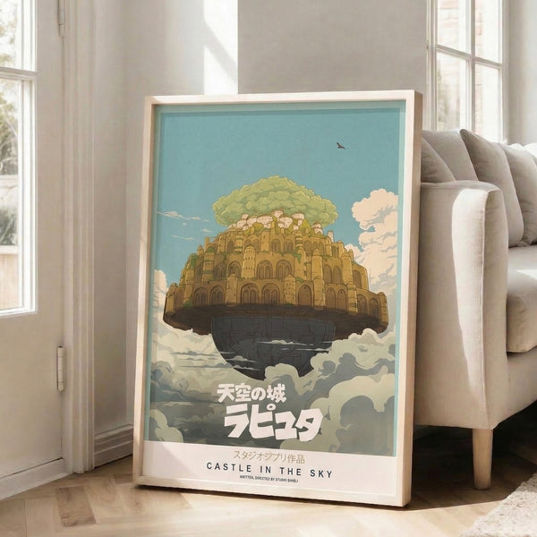 Studio Ghibli-style wall art showcasing a majestic floating fortress amid clouds, evoking adventurous wonder through gentle tones of teal, cream, and charcoal.