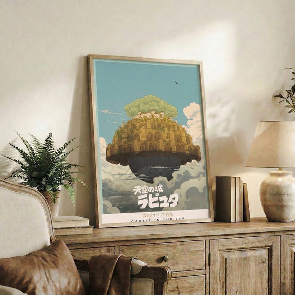 Poetic framed illustration of a legendary sky castle surrounded by clouds and birds, capturing a dreamlike mood with warm tan, soft teal, and muted green palette.