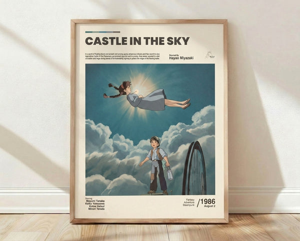 Framed anime poster featuring two young characters soaring through teal and cream skies above a fantastical airship, with warm amber light and billowing white clouds creating a whimsical, dreamlike atmosphere.