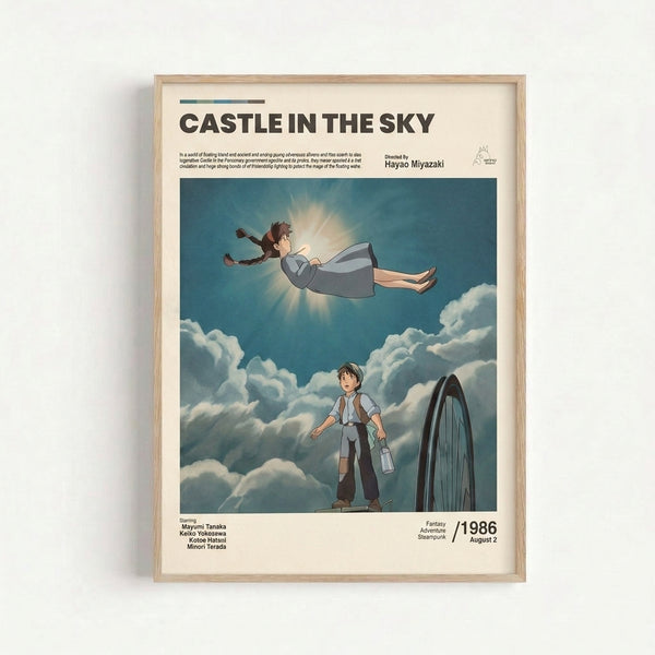 Magical Studio Ghibli-inspired poster art displaying a boy and girl floating among soft clouds in shades of blue and cream, with an ornate airship glowing warmly below in an adventurous scene.