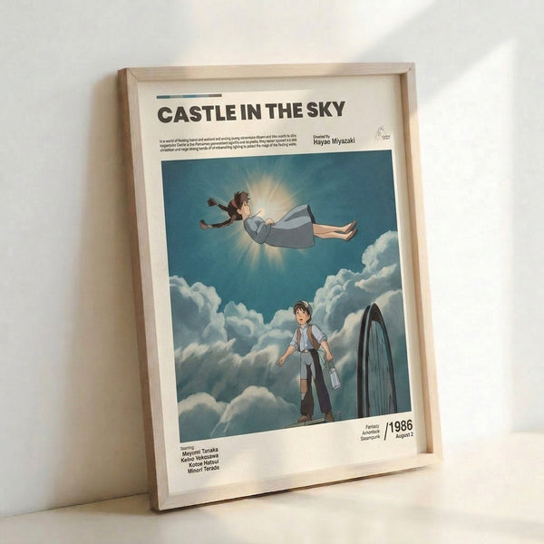 Vintage-style anime wall art showing two figures suspended in a teal sky filled with white clouds and a luminous airship, evoking a sense of wonder and aerial adventure.