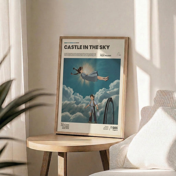 Whimsical anime illustration framed on wall, portraying a boy and girl mid-flight among swirling clouds beneath a teal sky, with an enchanted airship radiating warm amber light.