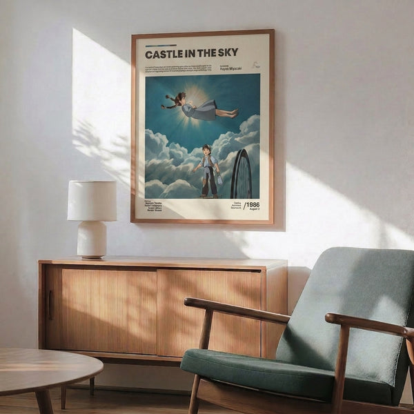 Dreamlike poster art in soft teals and creams showing two young adventurers floating through expansive clouds with a magical airship glowing below, evoking timeless Ghibli charm.