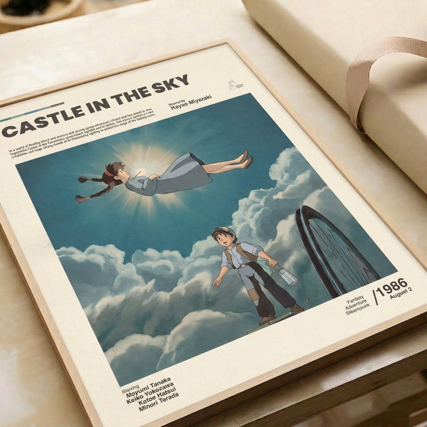Enchanting framed anime print featuring celestial imagery of characters suspended among billowing white clouds in a teal-blue sky, with a warmly-lit airship creating an adventurous, magical mood.