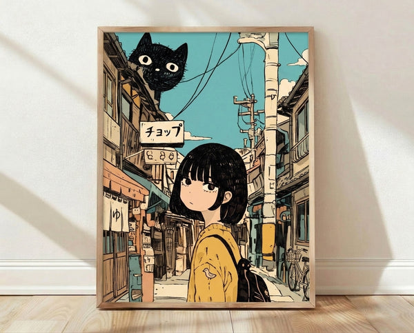 Anime-style poster featuring a curious girl and black cat in a nostalgic Japanese alley, with vintage bicycles and power lines against turquoise and cream buildings.
