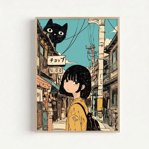 Whimsical framed art print of a girl and black cat exploring a charming urban street scene rendered in soft Showa-era anime style with warm earthy tones.