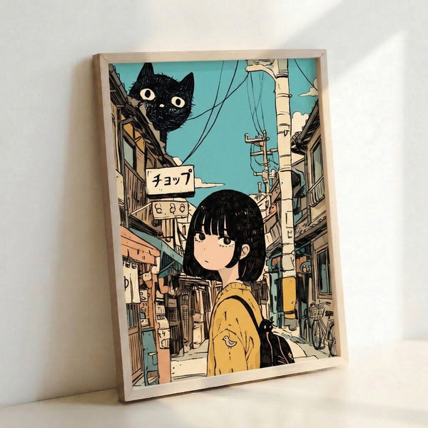 Japanese anime poster depicting a girl and cat in a quaint alley setting with vintage architectural details, turquoise walls, and nostalgic street elements.