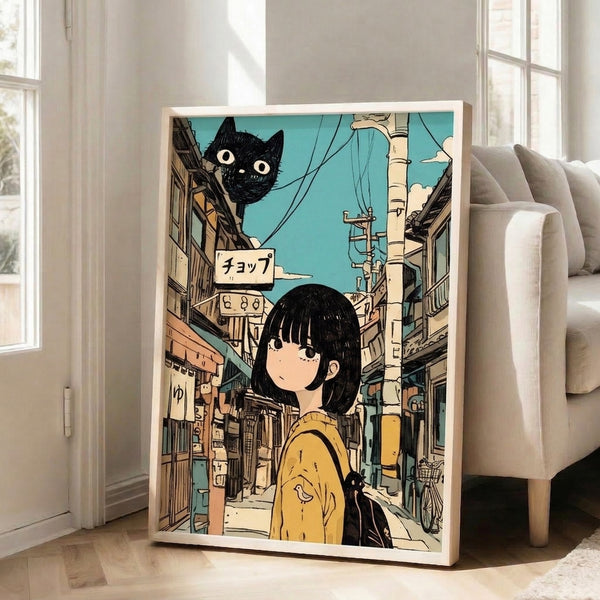 Framed anime-style poster of a girl and black cat in a dreamy Japanese street scene, layered with vintage bicycles, power lines, and nostalgic urban-curious mood.