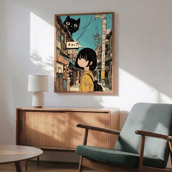 Showa-influenced anime print featuring a girl alongside a black cat in an enchanting alley lined with buildings, rendered in soft turquoise, cream, and rust hues.