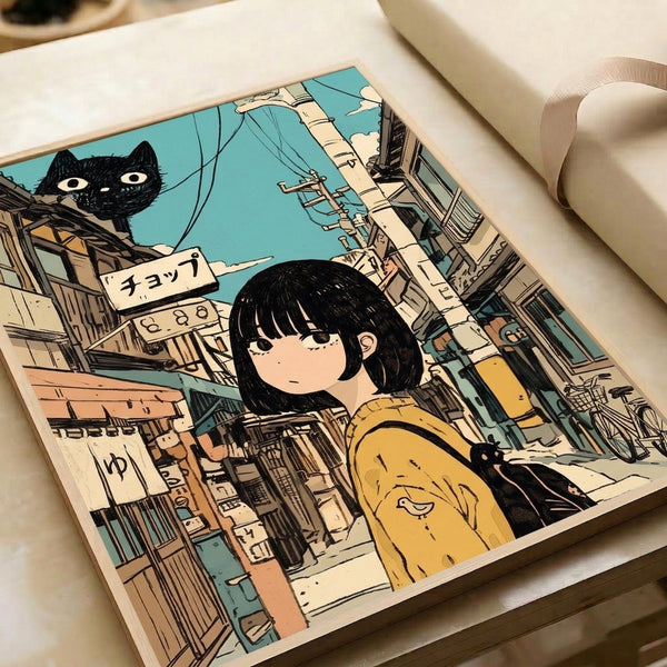 Japanese anime wall art print capturing a whimsical moment between a girl and black cat in a nostalgic urban alley with vintage street details and warm color palette.