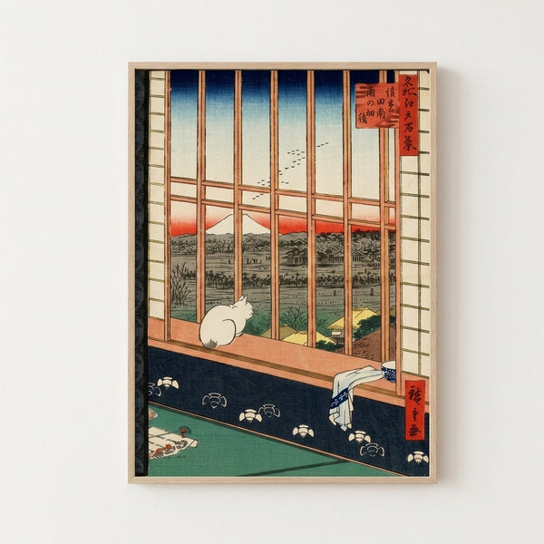 Contemplative Japandi art depicting a cat silhouetted at a window with forest green landscape and coral flowering plants beyond, rendered in traditional woodblock style.