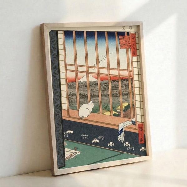 Framed poster showcasing an intimate moment of a cat watching nature from indoors, featuring indigo, cream, and terracotta hues in classic Japanese aesthetic.