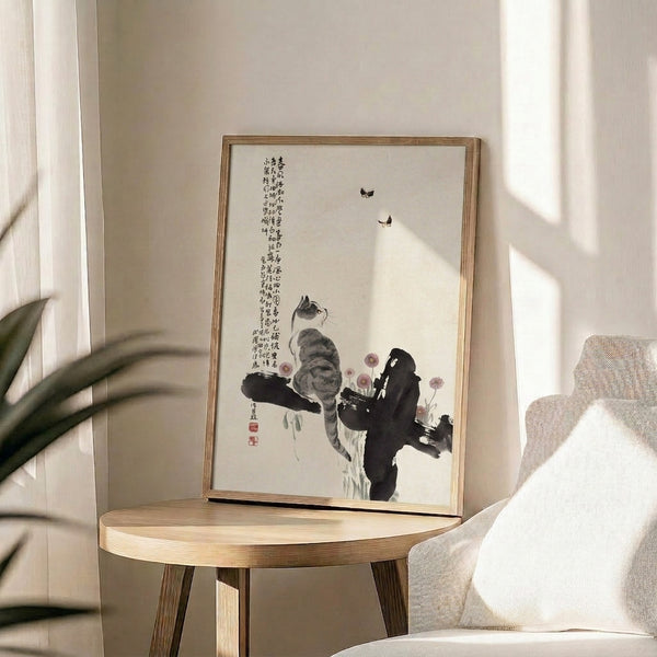 Japanese-inspired art print showing a contemplative cat with butterflies in a serene palette of creams, grays, and dusty pink tones.