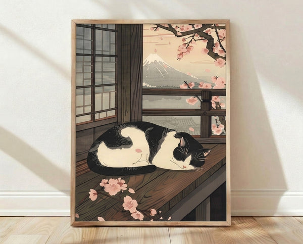 Serene Japanese woodblock-inspired poster featuring a tuxedo cat gazing at Mount Fuji framed by cherry blossoms in soft pink and cream tones.