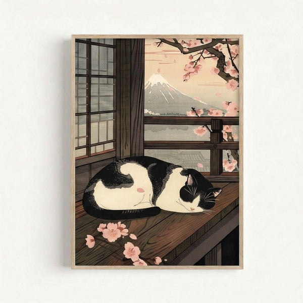 Minimalist Japandi wall art depicting a black and white cat by a window with blooming sakura and a distant snow-capped mountain in muted earth tones.