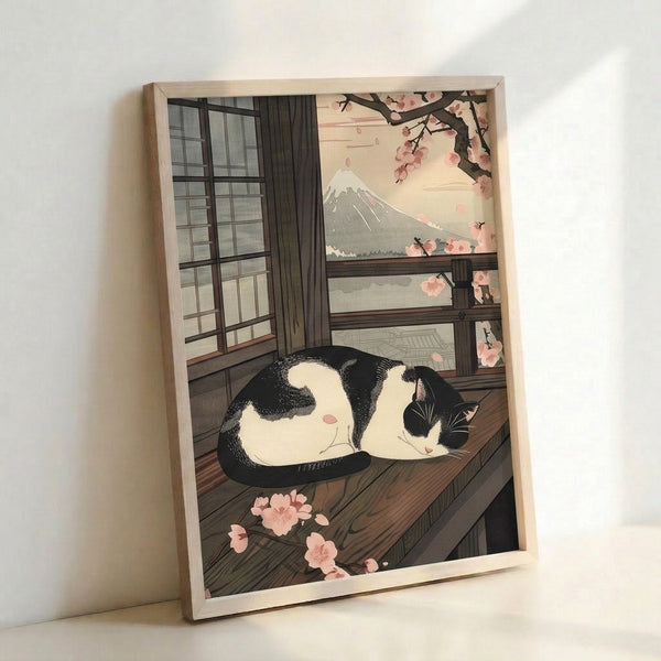 Contemplative framed print showing a tuxedo cat in profile against a peaceful landscape of cherry blossoms and Mount Fuji in cream, pink, and grey.