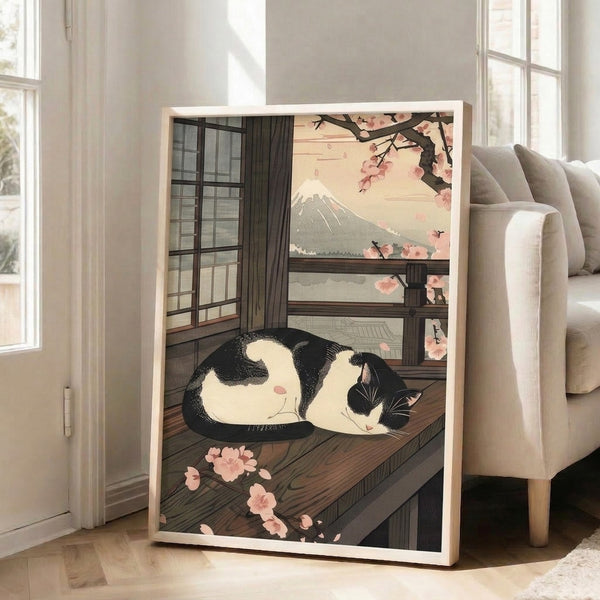Japanese-inspired art print of a calm cat silhouetted against sakura flowers and a mountain vista in a serene, minimalist aesthetic.