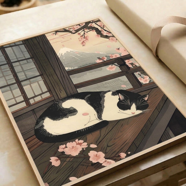 Serene minimalist print merging Japanese cultural elements: a graceful black and white cat, delicate pink cherry blossoms, and iconic Mount Fuji.