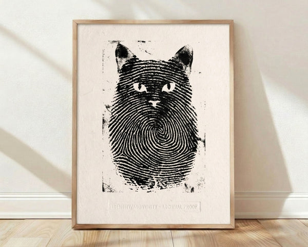 Minimalist line art poster featuring a black cat's profile merged with a fingerprint design on cream background, framed on wall.