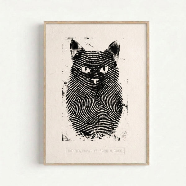 Contemporary black and white line art print of a cat silhouette integrated with fingerprint pattern, modern minimalist wall decor.