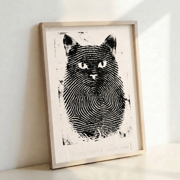Framed poster displaying a cat head outline combined with fingerprint lines in black on cream, thoughtful minimalist artwork.