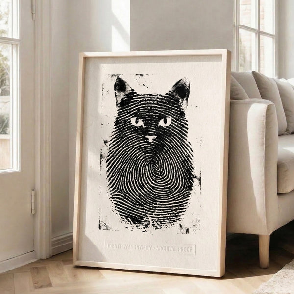 Modern line art print showing a mysterious cat profile fused with fingerprint imagery in black and white, minimalist style.