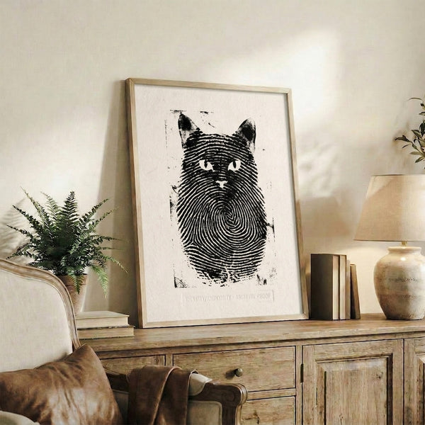 Minimalist framed wall art depicting a cat and fingerprint design in clean black lines on light background, contemporary aesthetic.