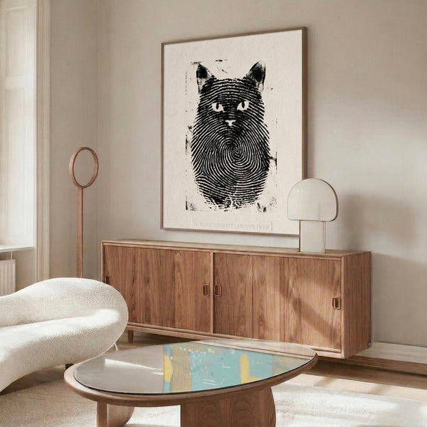 Black line art poster of a cat silhouette intertwined with fingerprint pattern, cream backdrop, modern minimalist composition.
