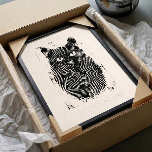 Contemporary wall print featuring a cat profile merged with fingerprint motif in black linear style on neutral background.