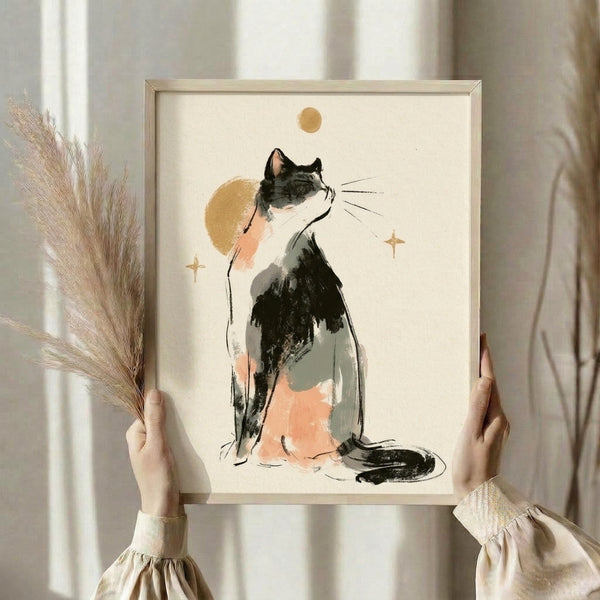 Watercolor line art framed print featuring a contemplative calico cat beneath a crescent moon and scattered stars in muted gold, sage, and peach tones on cream, evoking a zen aesthetic.