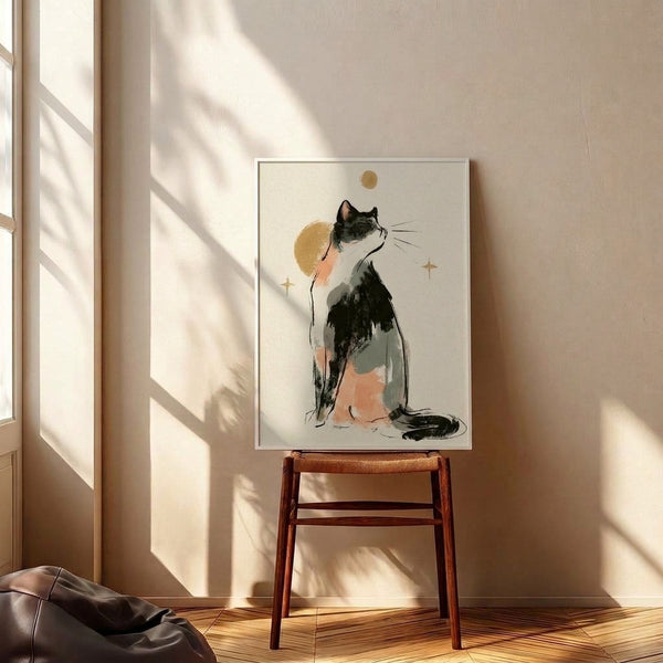 Serene framed poster with minimalist watercolor illustration of a calico cat looking up at a moon and stars in soft peachy and sage green hues with black line work on neutral cream backdrop.