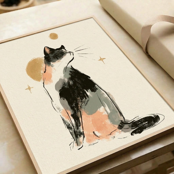 Whimsical watercolor framed art print depicting a calico cat in profile with a crescent moon and starry sky, combining minimalist line art with soft gold, peach, and sage green palette on cream.