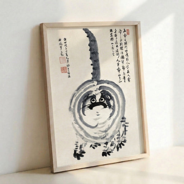 Japanese woodblock-style poster art with meditative black cat silhouette, gourd vessel, and calligraphic marks in grayscale palette on light background.
