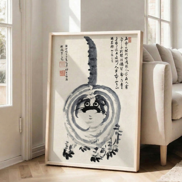 Whimsical ink cat composition in minimalist aesthetic showing seated feline with gourd and brush calligraphy, framed wall art in black, gray, and cream.