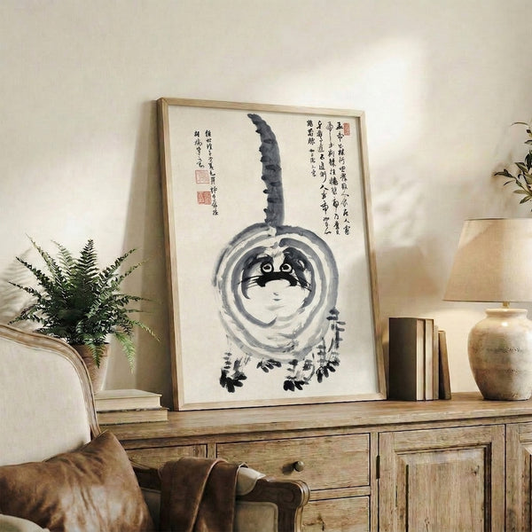 Monochromatic wabi sabi wall art featuring a contemplative cat figure alongside a gourd rendered with delicate ink brushwork and minimalist composition.