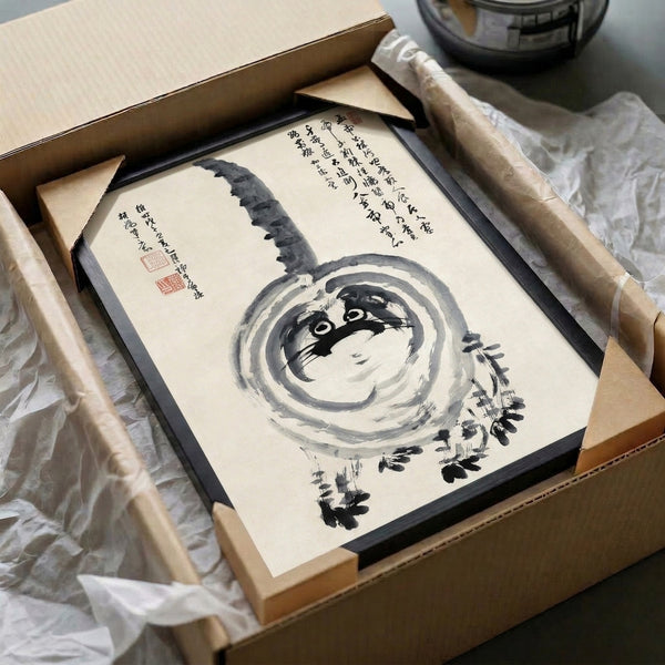 Minimalist Zen cat artwork in Japanese ink style showing feline subject with botanical gourd and brushstroke calligraphy in serene grayscale palette.