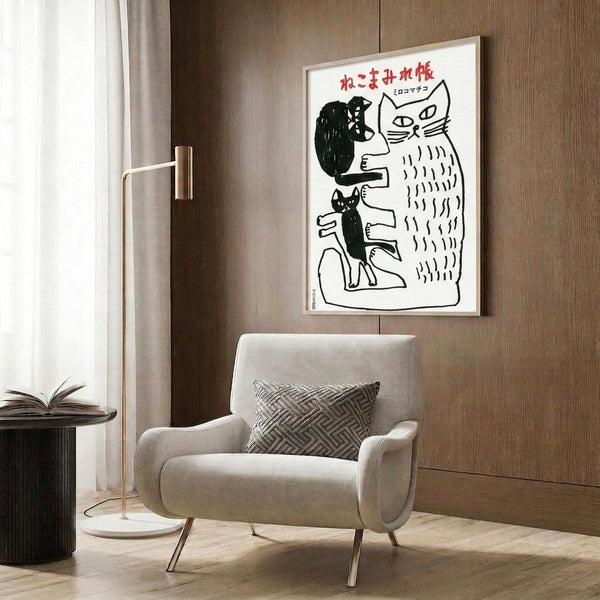 Sketchy folk art style poster featuring a black cat interacting with a figure, rendered with whimsical line drawing in red, black, and white.