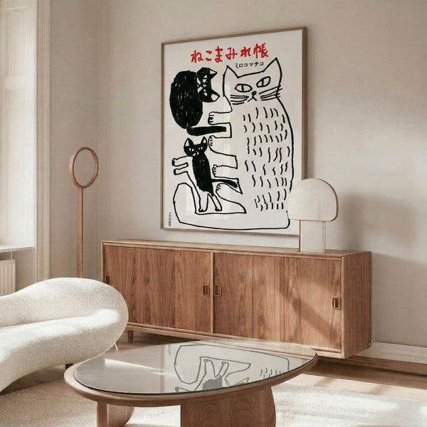 Vintage Japanese inspired cat art print in playful line art style with folk art charm, dominated by black linework and red accents on white.