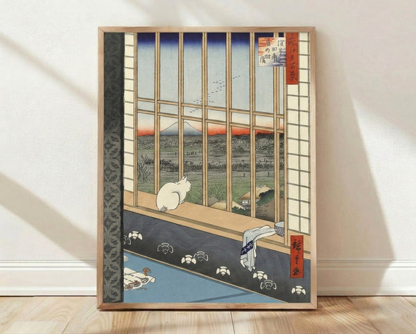 Japanese woodblock print featuring a cat gazing out a window toward Mount Fuji, rendered in deep blue, rust, and sage green tones with serene, contemplative mood.