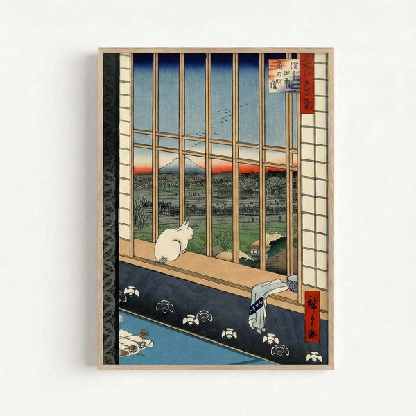Framed vintage-style art print inspired by Hiroshige's ukiyo-e aesthetic, depicting a domestic cat observing a mountain landscape with river and flowering plants.