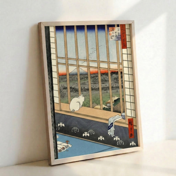 Tranquil woodblock-inspired poster showing a cat at a window overlooking a traditional Japanese mountain vista in charcoal, cream, and deep blue hues.
