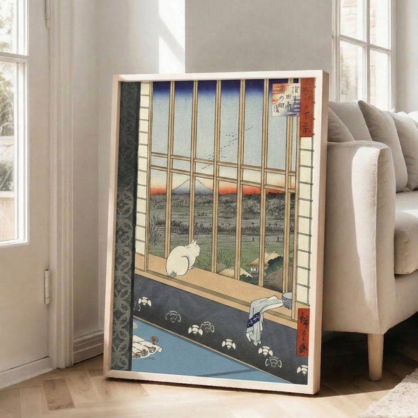 Serene Showa-era style woodblock print of a cat in domestic contemplation, framed window view of Mount Fuji landscape with nature elements in muted earth and blue palette.