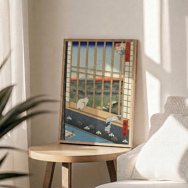 Vintage Japanese-inspired art featuring a peaceful cat watching a mountainous river landscape through a window, blending traditional woodblock technique with sage green and deep charcoal.