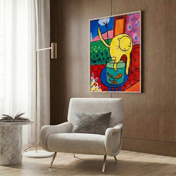 Poster featuring a black and white cat mesmerized by a radiant red fish, styled with vibrant color blocking and an engaging, intimate scene.