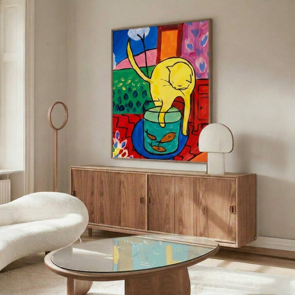Framed fine art print of a cat gazing at a luminous red fish, executed in expressive modernist style with rich, saturated colors and organic forms.