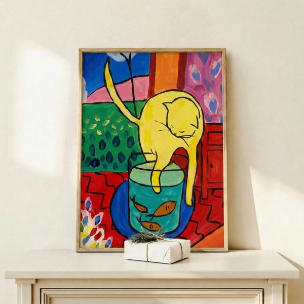 Vibrant wall art print of a cat entranced by a red fish in decorative vessel, blending impressionist technique with Art Nouveau elegance in saturated color.