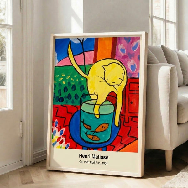 Tuxedo cat poster rendered in bold impressionist style, captivated by a luminous red fish, alive with jewel tones of orange, blue, and gold creating joyful whimsy.
